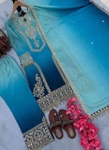 Women's Chinon Silk Embroidery Straight Pakistani Salwar Suit and Dupatta